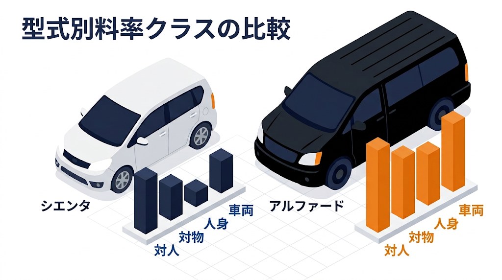 シエンタとアルファードの型式別料率クラスを比べたイメージ図